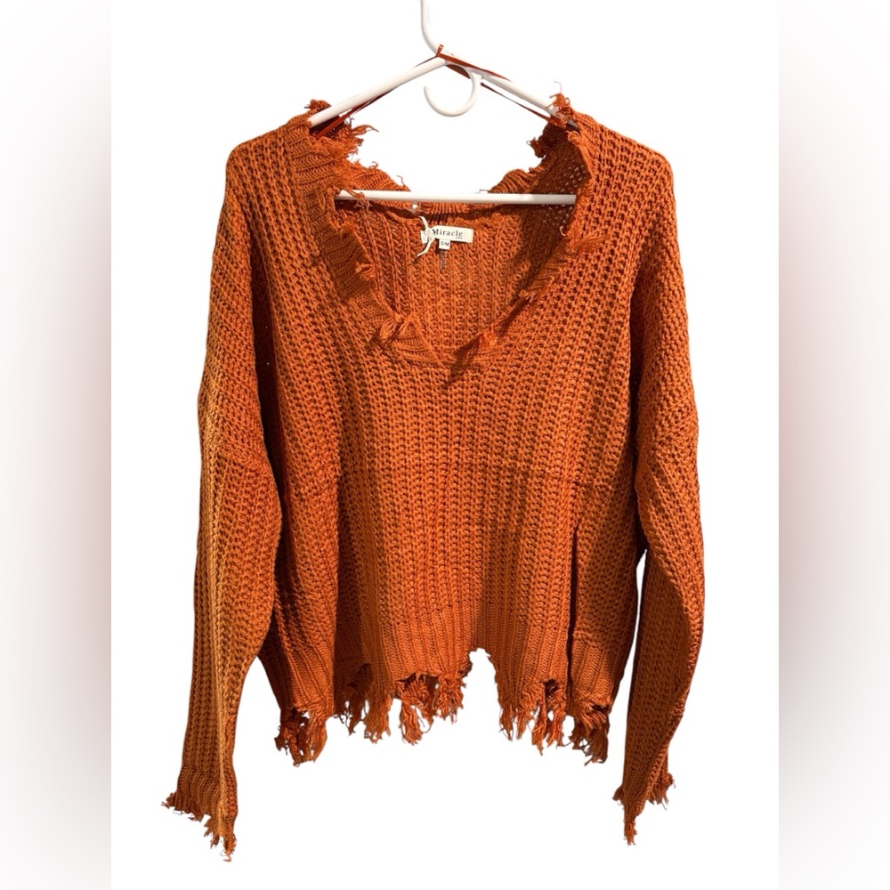 Miracle Rust Orange Distressed‎ V Neck Sweater- Size S/M